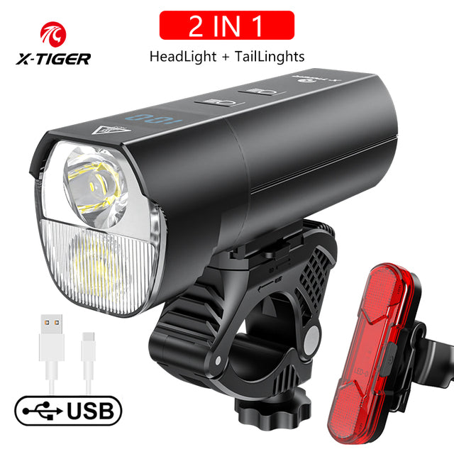 Farol de bicicleta X-Tiger QD-1201 com Power Bank Recarregável LED 1800Lumen/5000mAh