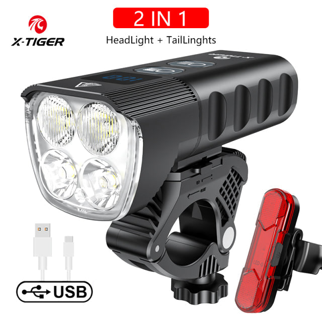 Farol de bicicleta X-Tiger QD-1301 com Power Bank Recarregável LED 2400Lumen/6400mAh