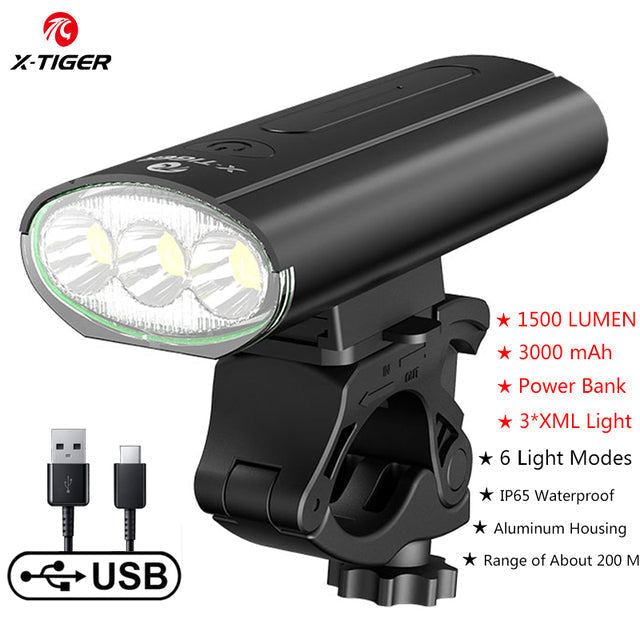 Farol de bicicleta X-Tiger QD-0901 com Power Bank Recarregável LED 1500Lumen/4000mAh