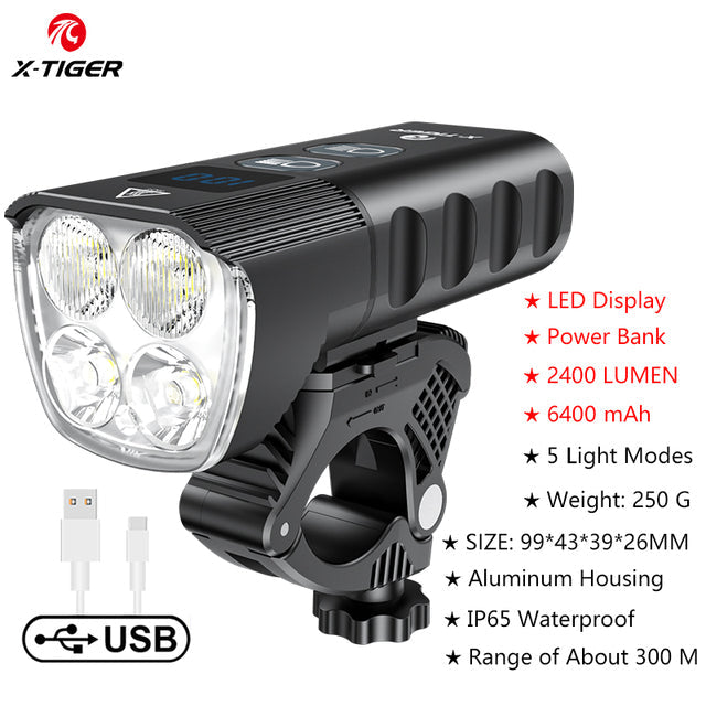 Farol de bicicleta X-Tiger QD-1301 com Power Bank Recarregável LED 2400Lumen/6400mAh