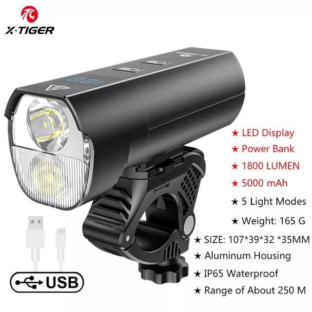 Farol de bicicleta X-Tiger QD-1201 com Power Bank Recarregável LED 1800Lumen/5000mAh