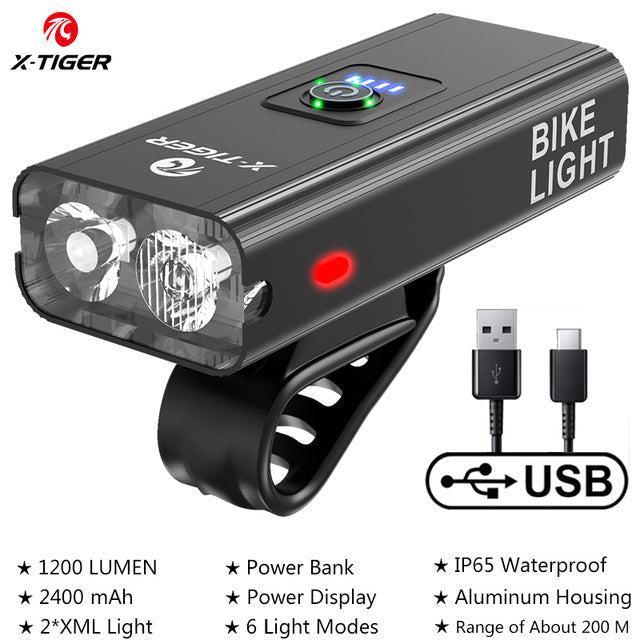 Farol de bicicleta X-Tiger QD-0202 com Power Bank Recarregável LED 1200Lumen/2400mAh